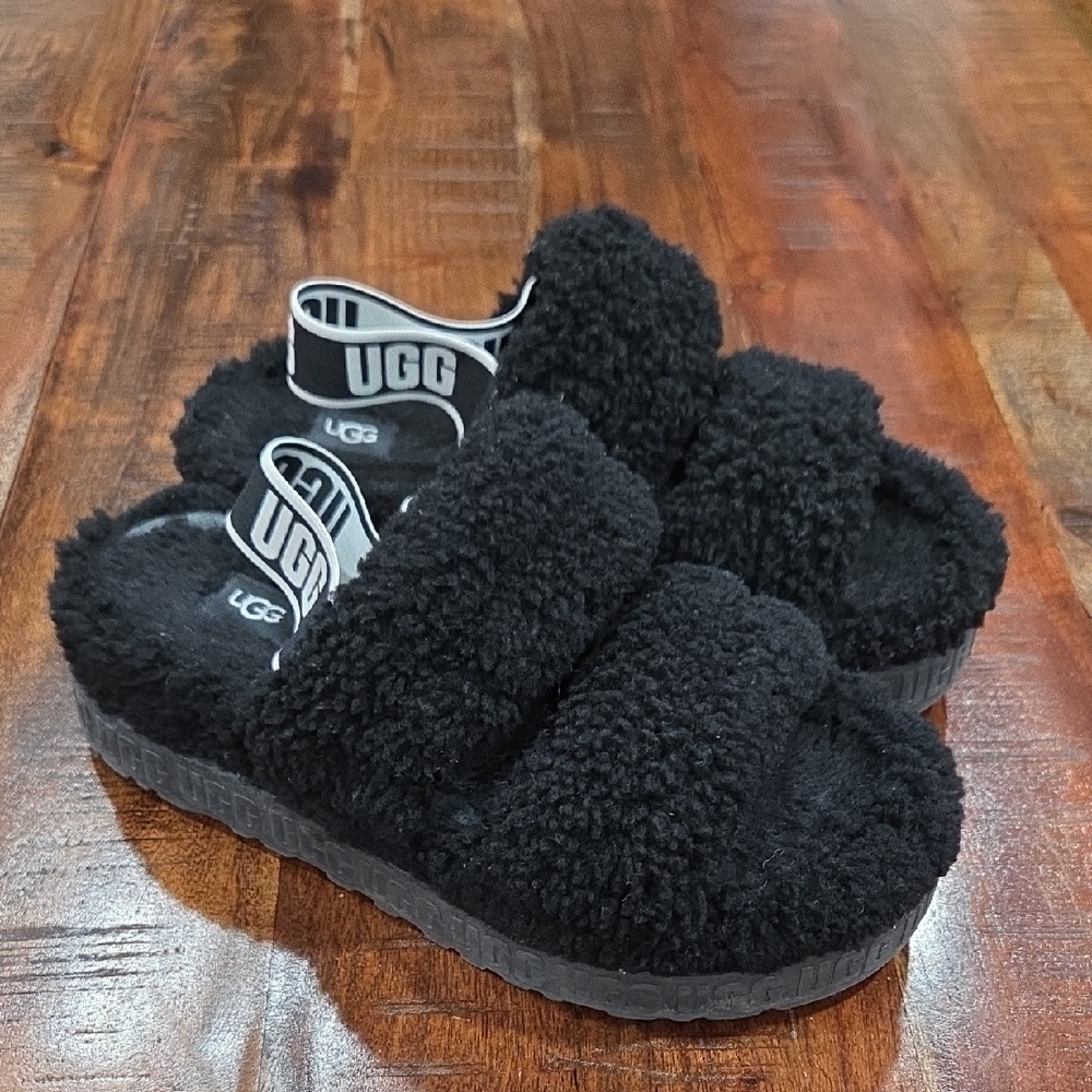 UGG Black Fuzzy Slip On Sandals